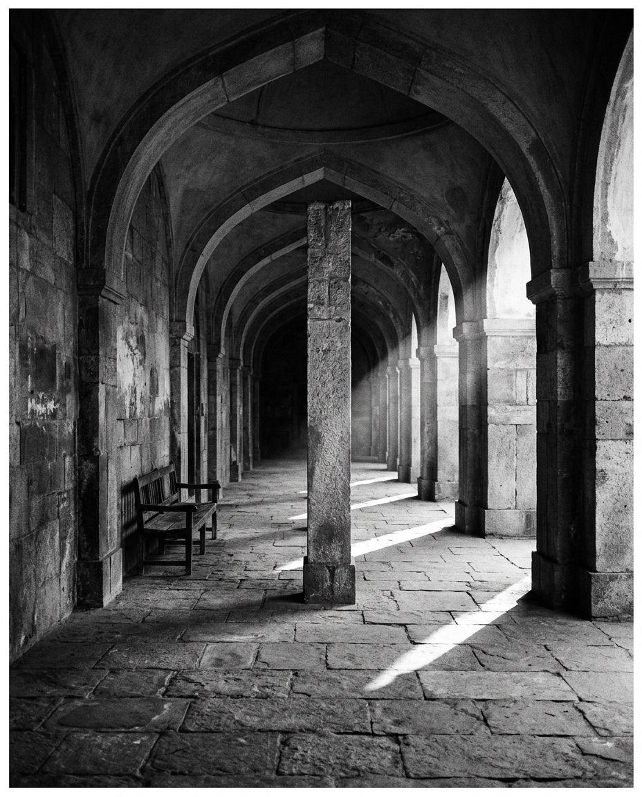 A quiet corridor of a historic district court complex in North India