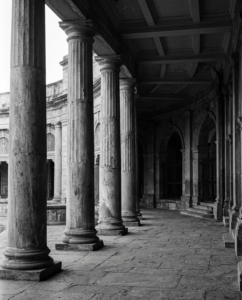 Stone columns and portico of a historic Indian high court building