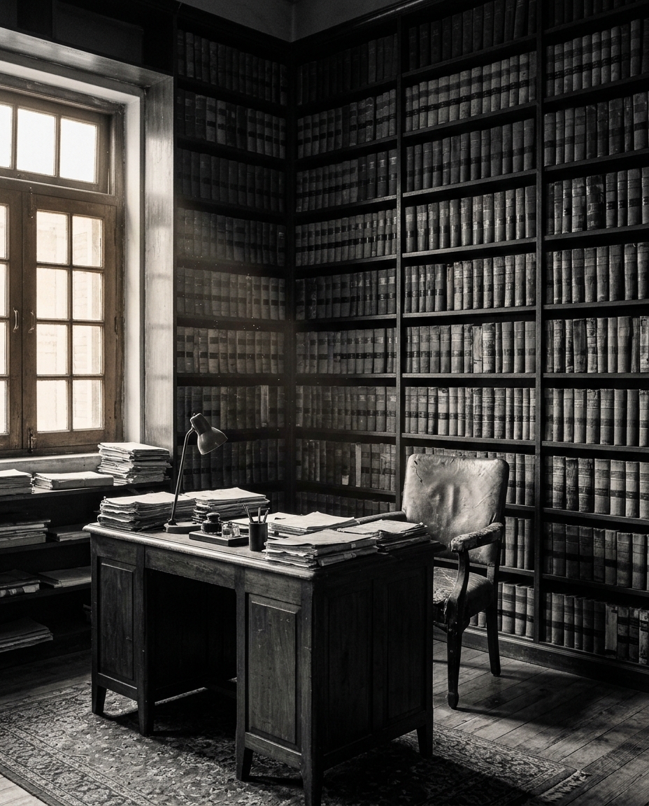 Shelves of bound law reports and commentaries in a traditional chambers library